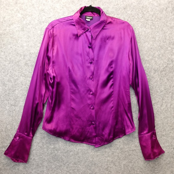 Vintage Purple Satin Button Up Shirt Womens L Magenta Retro 70s USA Made JOSHUA - Picture 1 of 13